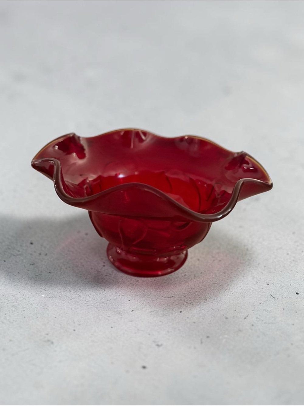 Vintage Ruby Red Ruffled Edge Handblown Pedestal Glass Bowl